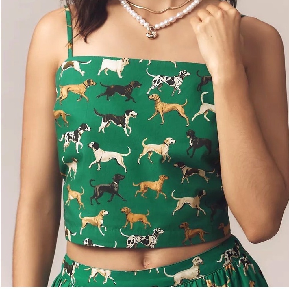 NWT Anthropologie Maeve Dog Print Cami Tank Green Sz L Spaghetti Straps AOP